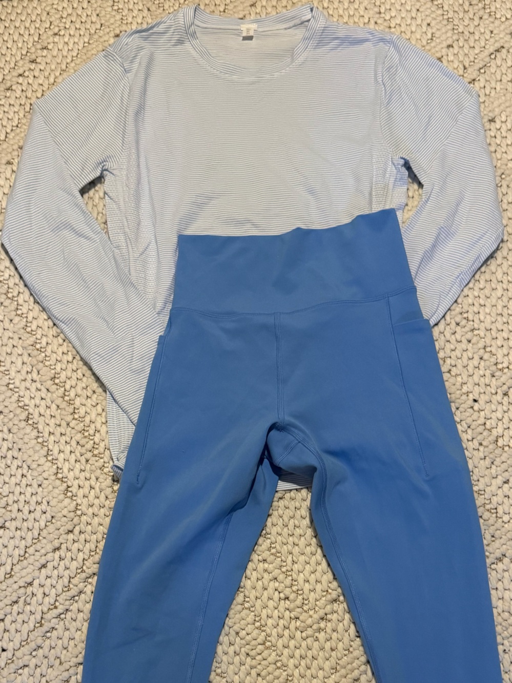 Workout Set! Sky Blue High-Rise 7/8 Pocket Leggings and Striped Long Sleeve S